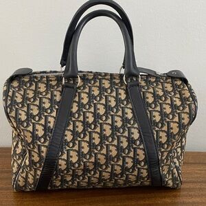 Christian Dior Vintage Boston Bag in Navy Blue Trotter Monogram Canvas with COA